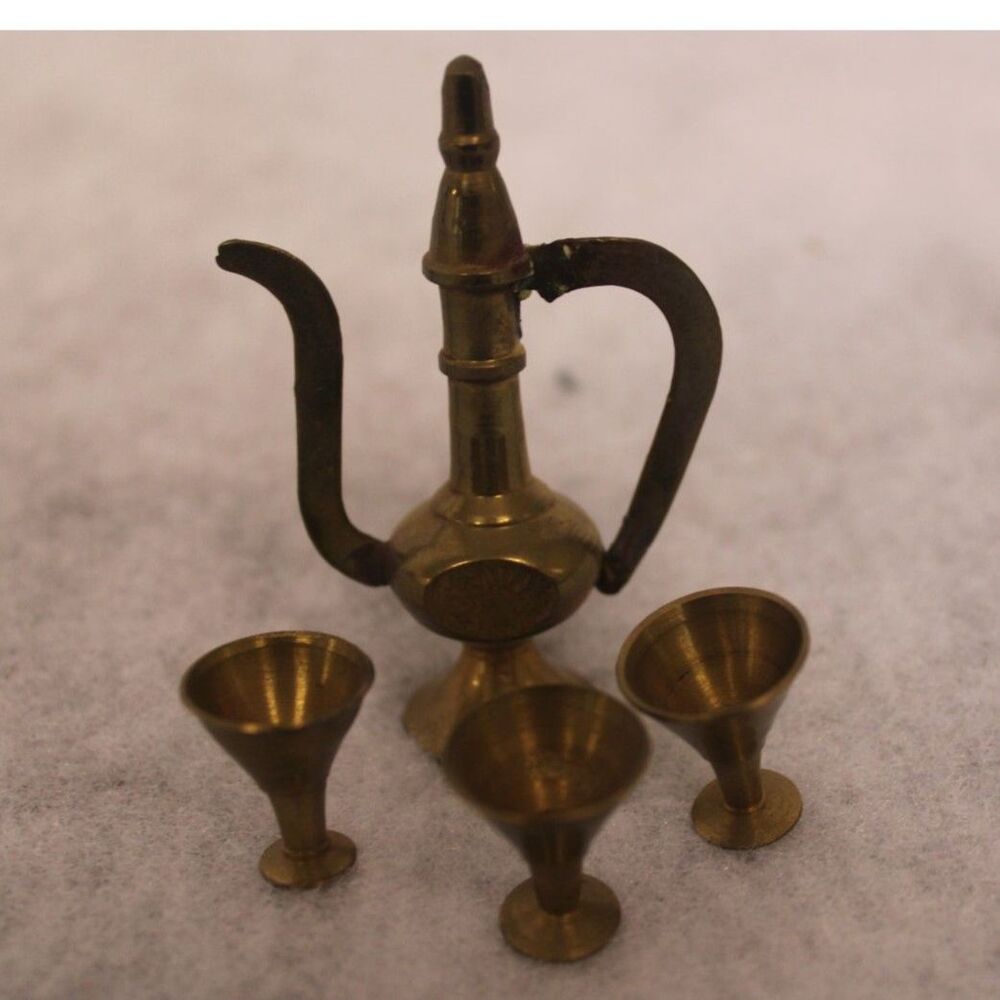 Vintage Archana Crafts Brass Miniature Tea Set Dallah Pitcher and 3 Goblets